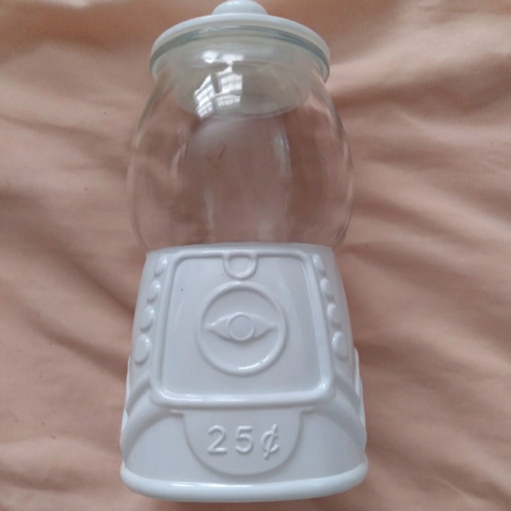 Glass gumball jar. White and clear.